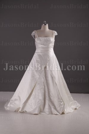 A-line Satin Wedding Dress Cap Sleeves Square Neckline Beaded Embroidery Asymmetrical Ruched with Court Train