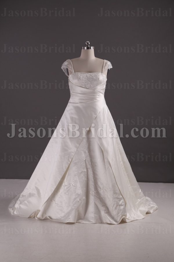 A-line Satin Wedding Dress Cap Sleeves Square Neckline Beaded Embroidery Asymmetrical Ruched with Court Train