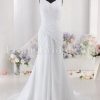 Fit-and-Flare Off-the-shoulder Chiffon Wedding Dress V-neck V-back Asymmetrical Ruched Skirt with Court Train