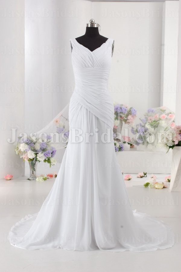 Fit-and-Flare Off-the-shoulder Chiffon Wedding Dress V-neck V-back Asymmetrical Ruched Skirt with Court Train