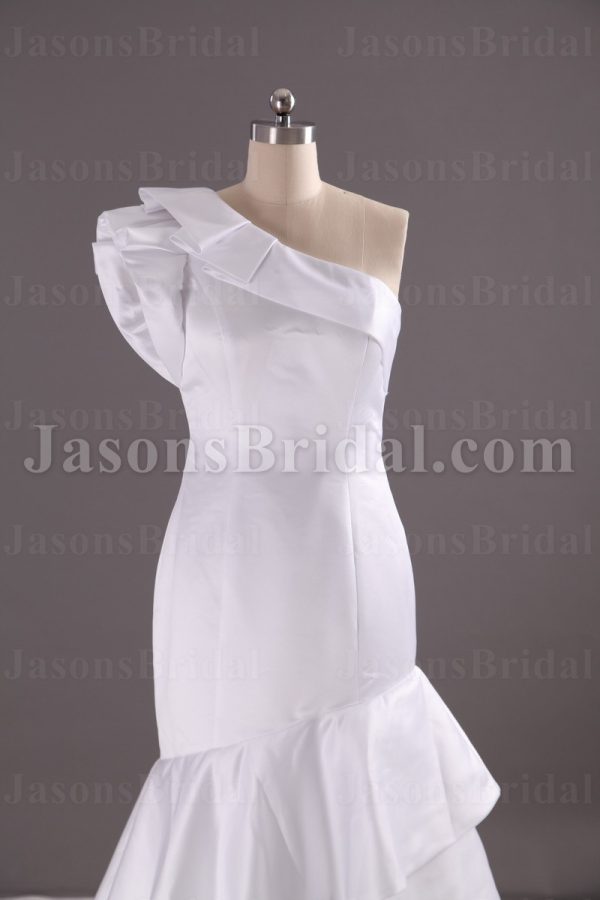 Trumpet Ruffled One-Shoulder Wedding Dress Asymmetrical Tiered Satin Skirt with Sweep Train