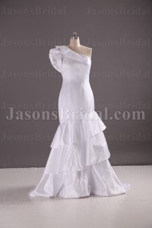 Trumpet Ruffled One-Shoulder Wedding Dress Asymmetrical Tiered Satin Skirt with Sweep Train