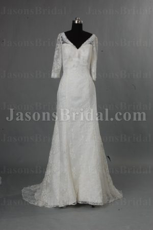 Mermaid Lace over Satin Wedding Dress 3/4 Sleeves V-neck with Open Back Sweep Train