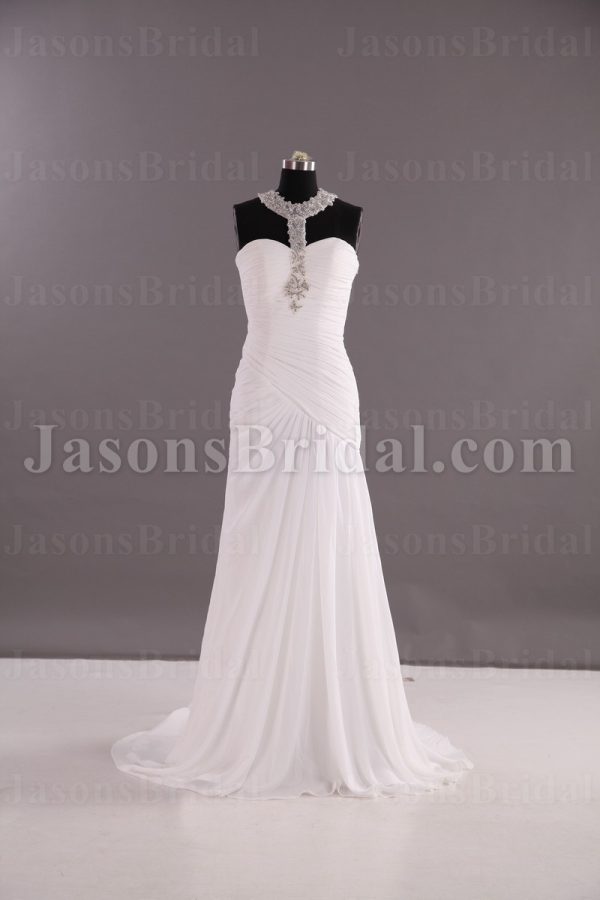 Sheath Chiffon Wedding Dress Embellished Halter Neckline Asymmetrical Ruched Waist with Court Train