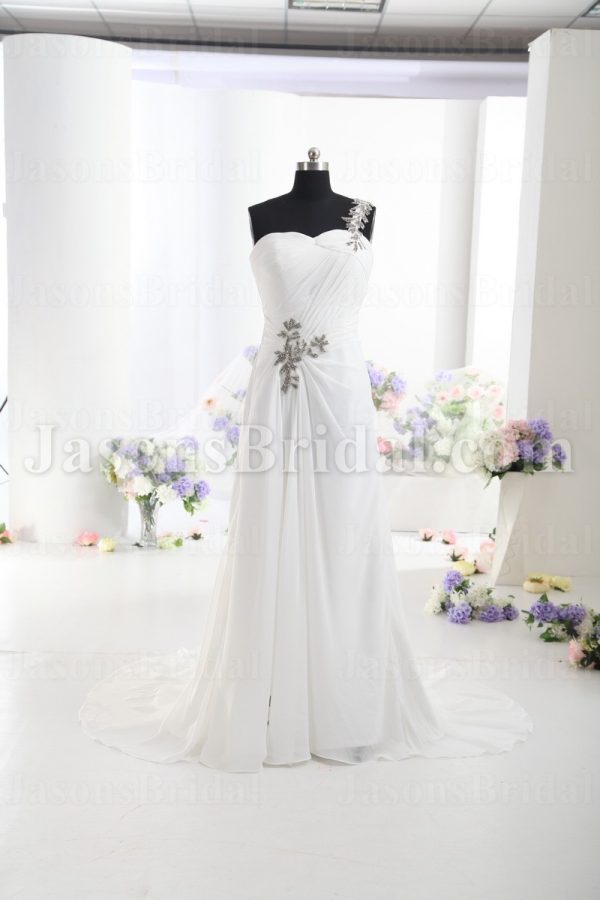 Sheath Chiffon One-Shoulder Wedding Dress Sweetheart Neckline Embellished Asymmetrical Ruched with Court Train