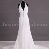 Sheath Chiffon Wedding Dress Embellished Halter V-neck Low-back Beaded Ruched with Court Train