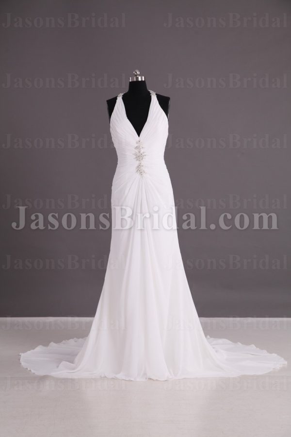 Sheath Chiffon Wedding Dress Embellished Halter V-neck Low-back Beaded Ruched with Court Train