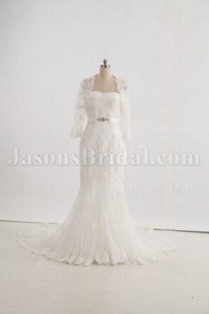 Fit-and-Flare Strapless Lace Wedding Dress Appliqued Tulle Embellished Belt with Bolero Jacket Court Train