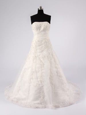 A-line Strapless Beaded Embroidered Ruched Waist Corset Chapel Train Lace over Satin Wedding Dresses