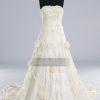 A-line Strapless Adorned Flowers Beaded Appliques Chapel Train Tulle over Satin Wedding Dresses