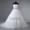 A-line Strapless Ruched Bodice Asymmetrical Pleated Adorned Flowers Belt Basque Waist Chapel Train Layered Tulle Wedding Dresses