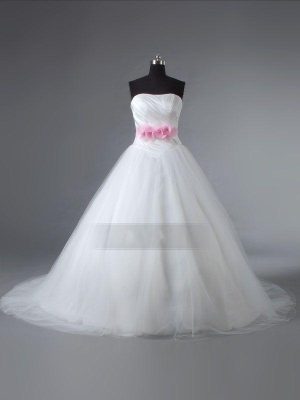 A-line Strapless Ruched Bodice Asymmetrical Pleated Adorned Flowers Belt Basque Waist Chapel Train Layered Tulle Wedding Dresses