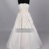 A-line Strapless Allover Lace Bodice Ruched Belt Floor Length Organza over Satin Wedding Dresses