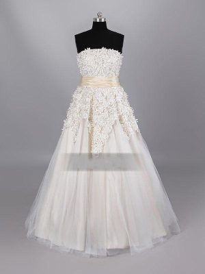 A-line Strapless Allover Lace Bodice Ruched Belt Floor Length Organza over Satin Wedding Dresses