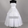 A-line Strapless Allover Lace Bodice Ruched Belt Tea Length Organza over Satin Wedding Dresses