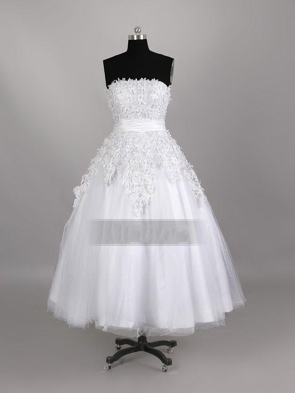 A-line Strapless Allover Lace Bodice Ruched Belt Tea Length Organza over Satin Wedding Dresses