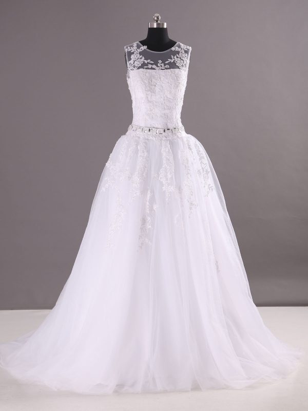 Ball Gown Sleeveless Illusion Scoop Neckline Jeweled Belt Keyhole Back Sweep Train Lace Tulle Wedding Dresses