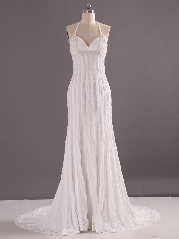 Glamorous Fit-and-Flare Spaghetti Halter Sweetheart Beaded Sweep Train Chiffon Wedding Dresses