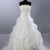 Ball Gown Scalloped Strapless Beaded Appliques Asymmetrical Ruched Chapel Train Bustled Organza Wedding Dresses