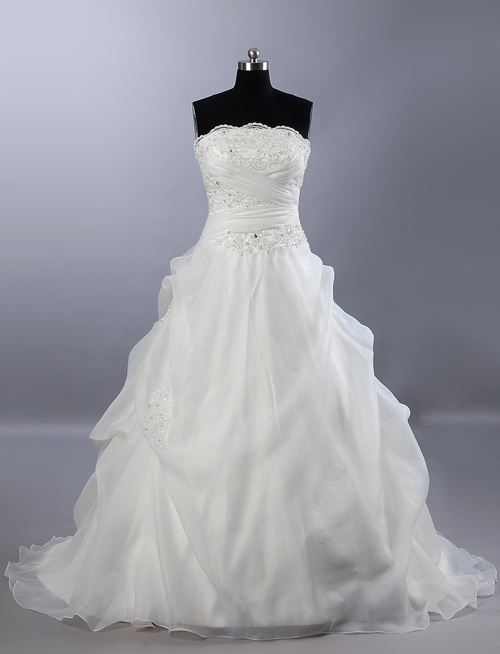 Ball Gown Scalloped Strapless Beaded Appliques Asymmetrical Ruched Chapel Train Bustled Organza Wedding Dresses