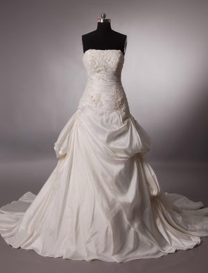 Ball Gown Strapless Beaded Appliques Asymmetrical Ruched Pick-up Chapel Train Satin Wedding Dresses