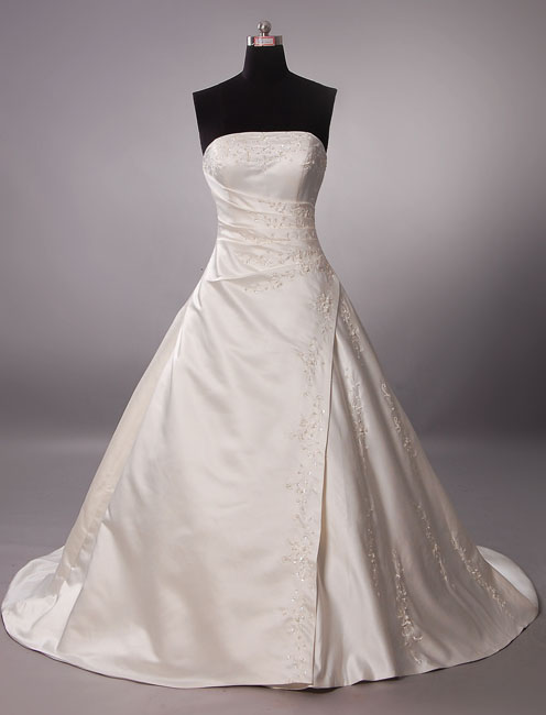 Elegant A-line Strapless Beaded Embroidered Asymmetrical Ruched Chapel Train Satin Wedding Dresses