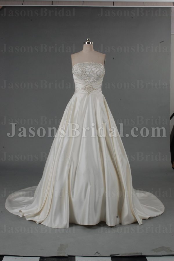 A-line Satin Wedding Dress Strapless Beaded Embroidery Bodice Ruched with Chapel Train