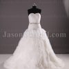 Ballgown Tulle Wedding Dress Feathers Embellished Sweetheart Beaded Band Dropped Waist Swirls Skirt with Chapel Train