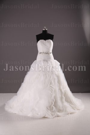 Ballgown Tulle Wedding Dress Feathers Embellished Sweetheart Beaded Band Dropped Waist Swirls Skirt with Chapel Train