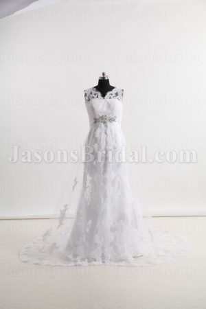 Fit-and-Flare Lace Wedding Dress Queen Anne Neckline Sleeveless Beaded Embellished with Chapel Train