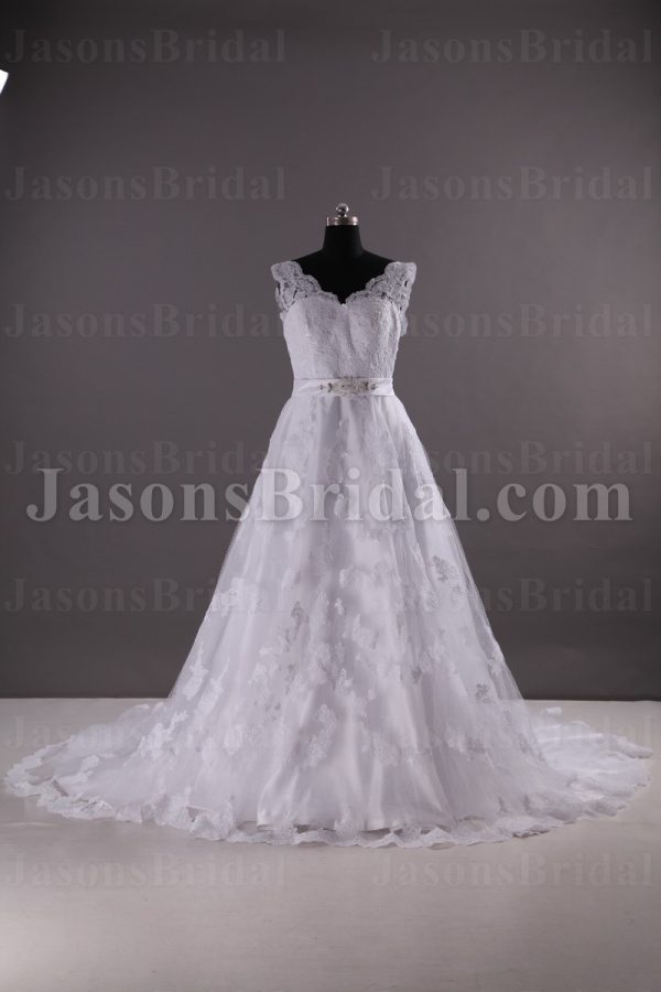 A-line Lace Wedding Dress Sleeveless V-neck V-back Beaded Embellished Band Tulle with Chapel Train