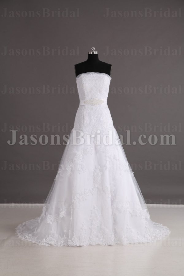 Fit-and-Flare Lace Wedding Dress Strapless Appliques Beaded Embellished Band with Court Train