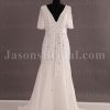 Modest Fit-and-Flare Chiffon Wedding Dress Half Sleeves V-neck V-back Beaded Embellished with Sweep Train