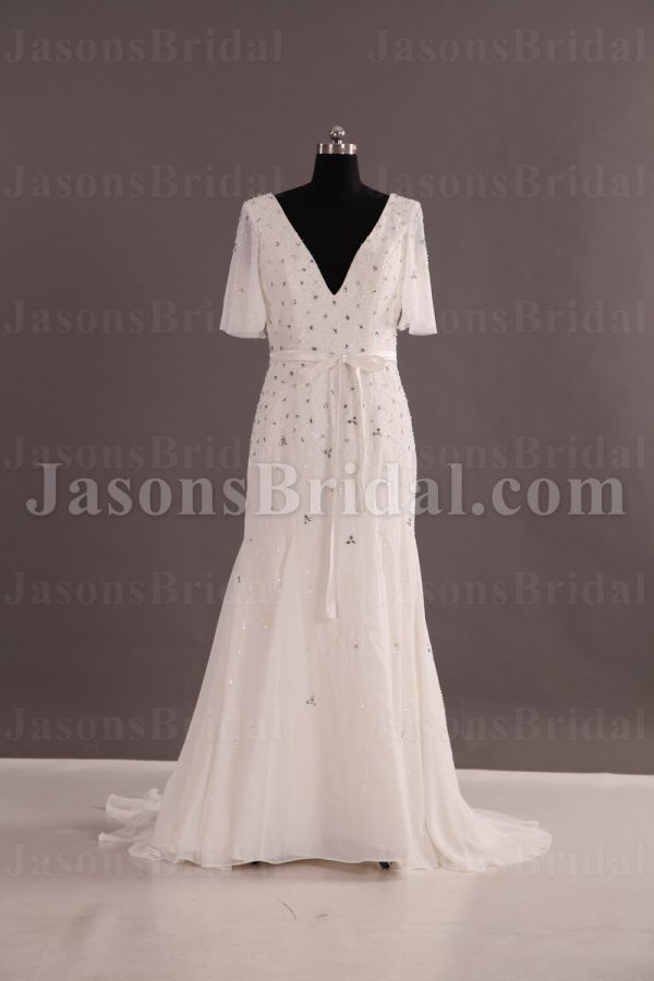 Modest Fit-and-Flare Chiffon Wedding Dress Half Sleeves V-neck V-back Beaded Embellished with Sweep Train