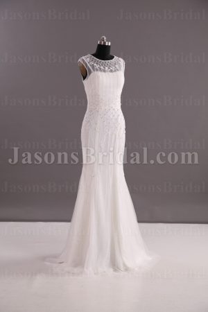 Mermaid Chiffin Wedding Dress Sleeveless Bateau Neckline Beaded Embellished Embroidery with Sweep Train