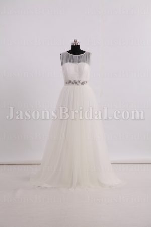 A-line Chiffon Wedding Dress Sleeveless Bateau Neckline Beaded Embellished with Sweep Train