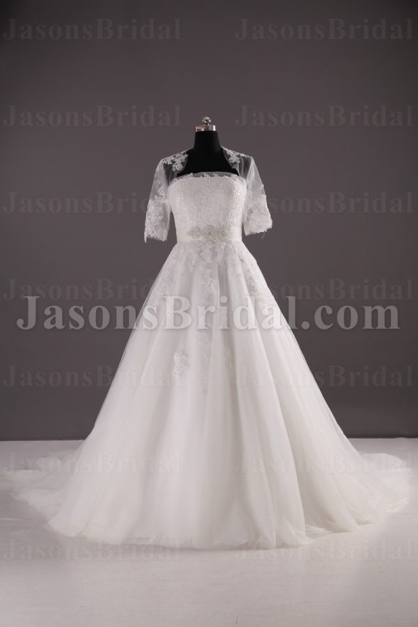 Princess A-line Tulle Wedding Dress Strapless Appliqued Beaded Embellished with Bolero Jacket Chapel Train