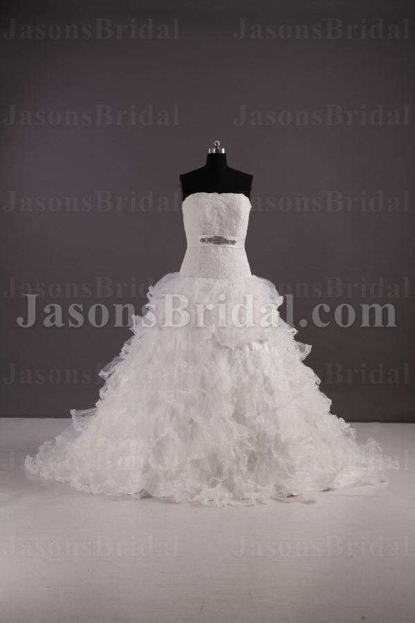 Fairytale Ballgown Tulle Wedding Dress Strapless Dropped Waist Tiered Ruffled Layers with Chapel Train