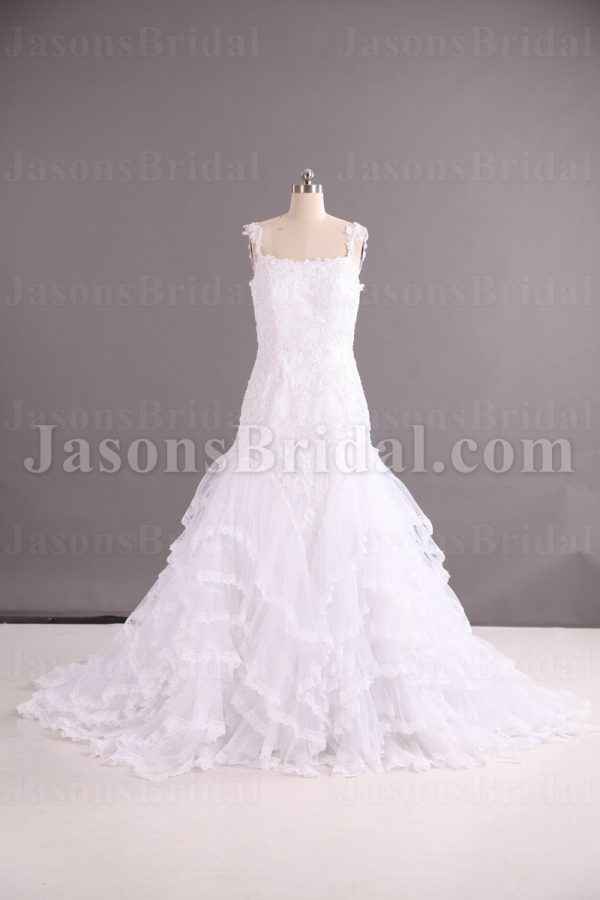 Trumpet Tulle Wedding Dress Appliqued Spaghetti Lace Straps Asymmetrical Tiered Ruffled Skirt with Chapel Train