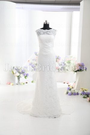 Fit-and-Flare Lace Wedding Dress Sleeveless Sheer Bodice Bateau Neck V-neck Waistband with Court Train