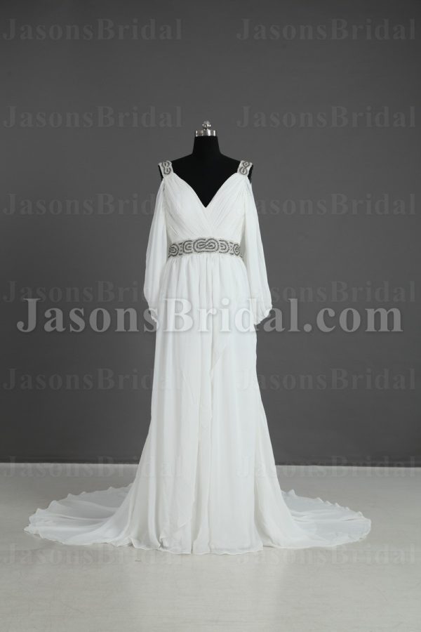 Glamorous Sheath Chiffon Wedding Dress V-neck Beaded Waistband Split Open Sleeves Pleated Skirt with Court Train