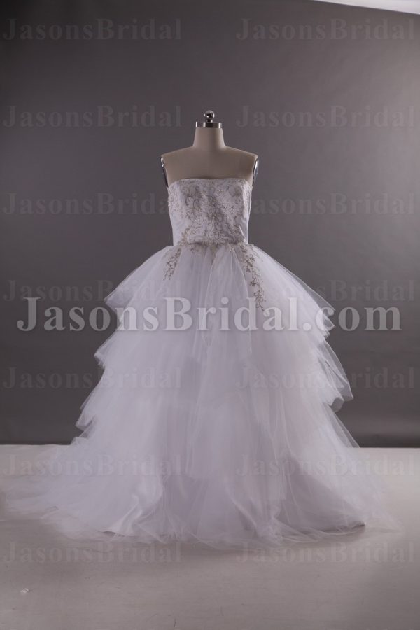 Fairytale Ballgown Tulle Wedding Dress Strapless Beaded Embroidered Tiered Skirt with Chapel Train