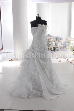 Fit-and-Flare Organza Taffeta Wedding Dress Strapless Pleated Asymmetrical Dropped Side Draped Peek Ruffled Skirt with Chapel Train