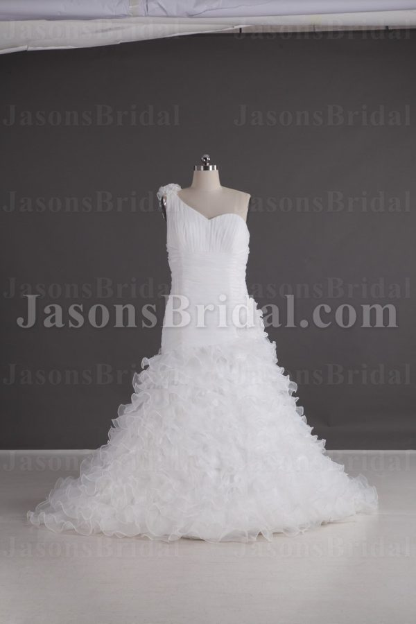 Trumpet One-shoulder Wedding Dress Sweetheart Asymmetrical Dropped Waist Tiered Ruffled Tulle Skirt with Sweep Train