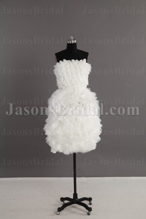 Short Length Little White Chiffon Wedding Dress Strapless Beaded Embellished Textured Ruffled Skirt