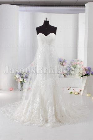 Trumpet Lace Wedding Dress Strapless Cross Ruched Sweetheart Appliqued Skirt with Chapel Train