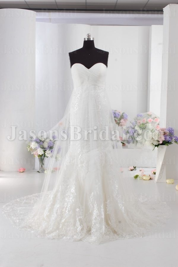 Trumpet Lace Wedding Dress Strapless Cross Ruched Sweetheart Appliqued Skirt with Chapel Train