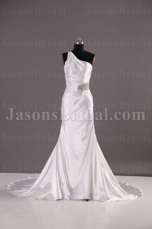 Sheath One-shoulder Satin Wedding Dress Ruched Embellished Pleated Skirt with Court Train