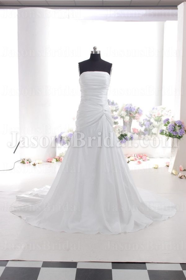 A-line Taffeta Wedding Dress Strapless Ruched Asymmetrical Dropped Pleated Skirt with Chapel Train