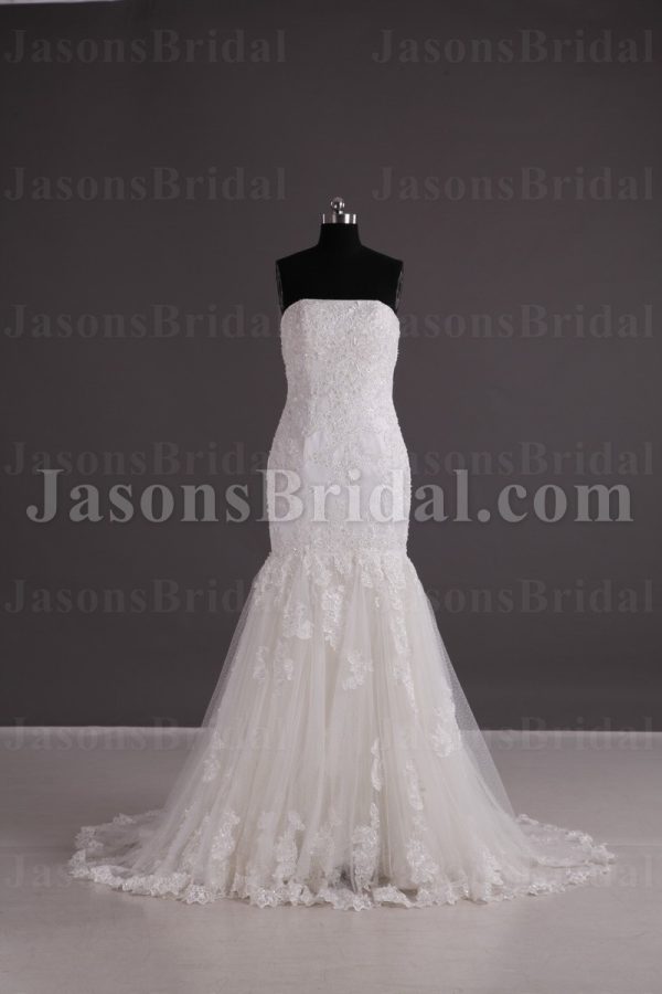 Mermaid Lace Wedding Dress Strapless Beaded Embroidery Appliqued Skirt with Sweep Train